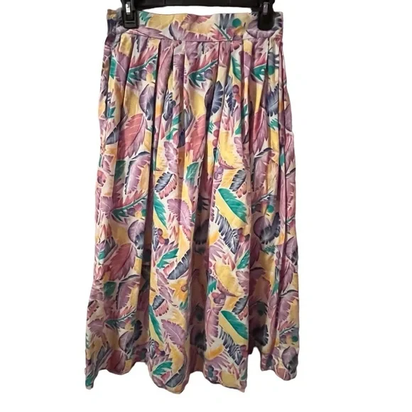 VINTAGE 80S MIDI SKIRT TROPICAL FLORAL PRINT COLORFUL PASTELS POCKETS XS - Picture 3 of 10